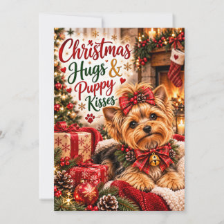 Cute Yorkshire Terrier Christmas Hugs and Puppy Holiday Card