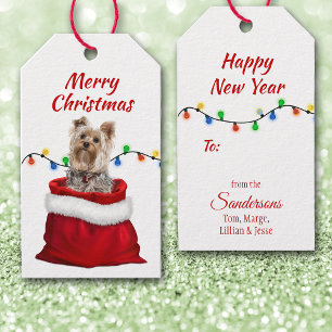 Cute Yorkshire Terrier Dog in Santa Bag Gift Tags