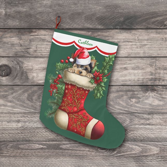 Cute Yorkshire Terrier Dog Peeking Large Christmas Stocking (Creator Uploaded)