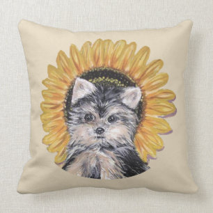 Cute Yorkshire Terrier Dog & Sunflower on Beige Cushion