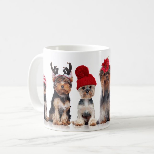 Cute Yorkshire Terrier Dogs With Christmas Hats Coffee Mug (Front Left)