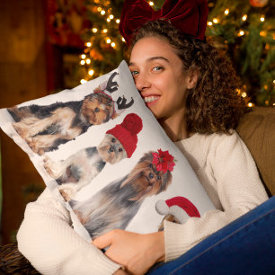 Cute Yorkshire Terrier Dogs With Christmas Hats Lumbar Cushion