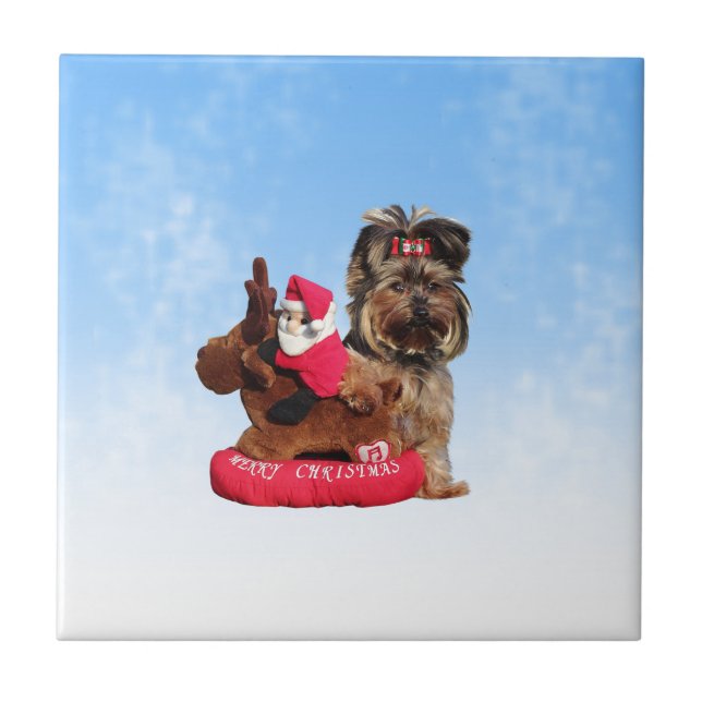 Cute Yorkshire Terrier Merry Christmas Ceramic Tile (Front)