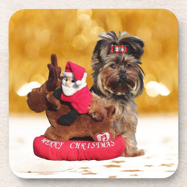 Cute Yorkshire Terrier Merry Christmas Coaster (Front)