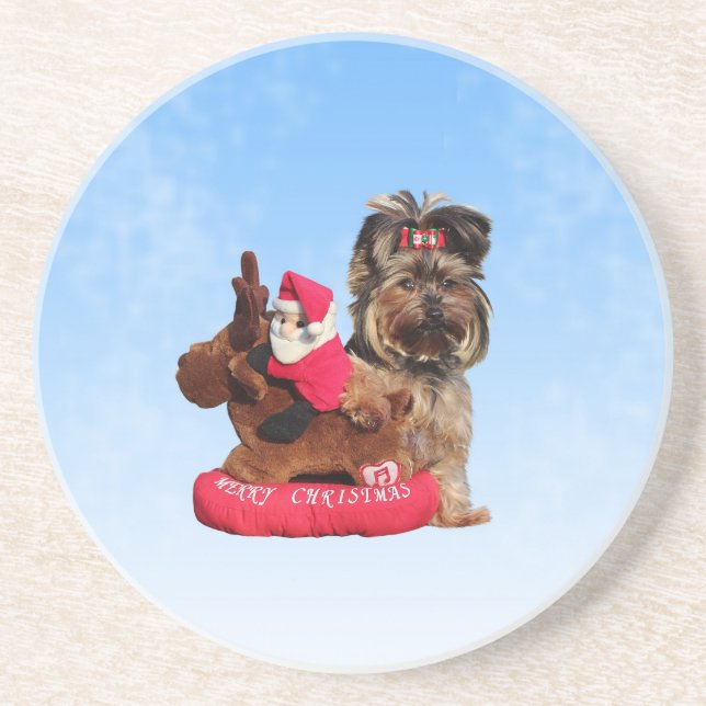 Cute Yorkshire Terrier Merry Christmas Coaster (Front)