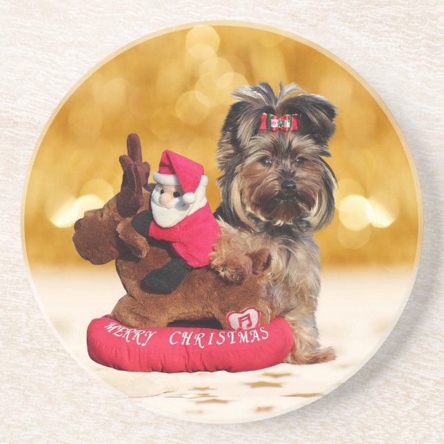 Cute Yorkshire Terrier Merry Christmas Coaster (Front)