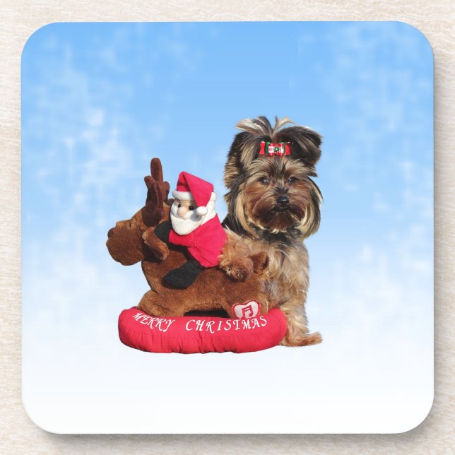 Cute Yorkshire Terrier Merry Christmas Coaster (Front)