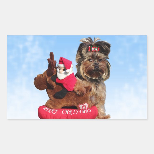 Cute Yorkshire Terrier Merry Christmas Rectangular Sticker (Front)