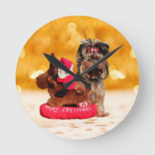 Cute Yorkshire Terrier Merry Christmas Round Clock