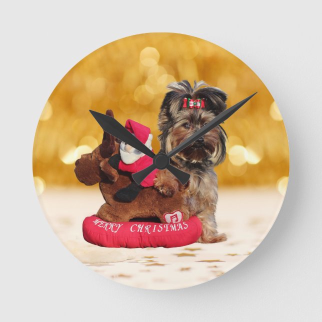 Cute Yorkshire Terrier Merry Christmas Round Clock (Front)