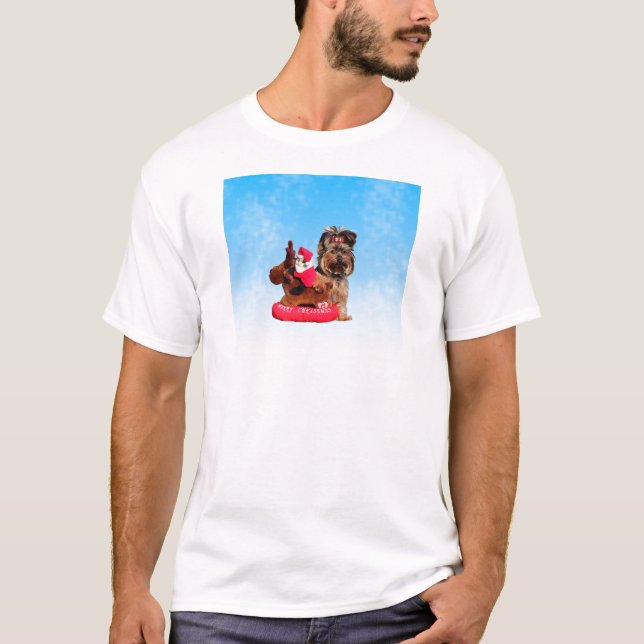 Cute Yorkshire Terrier Merry Christmas T-Shirt (Front)