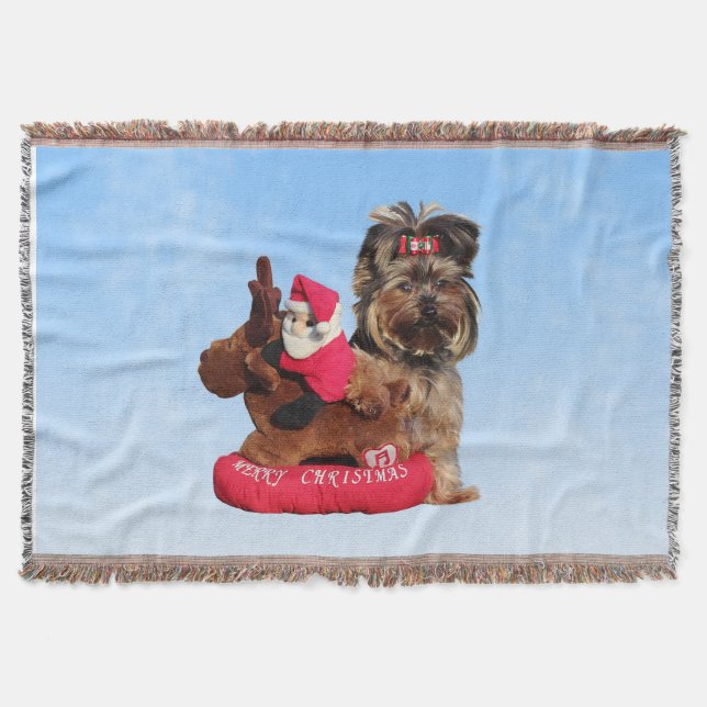 Cute Yorkshire Terrier Merry Christmas Throw Blanket (Front)