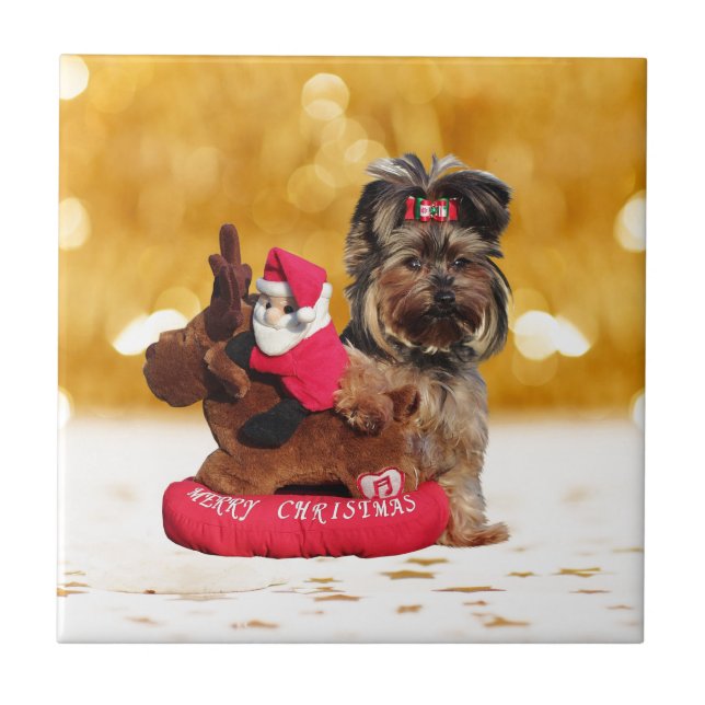 Cute Yorkshire Terrier Merry Christmas Tile (Front)