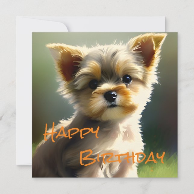Cute Yorkshire Terrier Puppy Birthday Holiday Card (Front)
