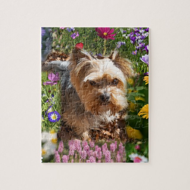 Cute Yorkshire Terrier Puppy & Colorful Flowers Jigsaw Puzzle (Vertical)