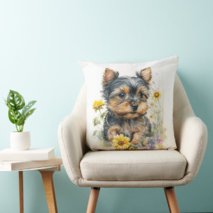 CUTE YORKSHIRE TERRIER PUPPY DOG & WILDFLOWERS CUSHION