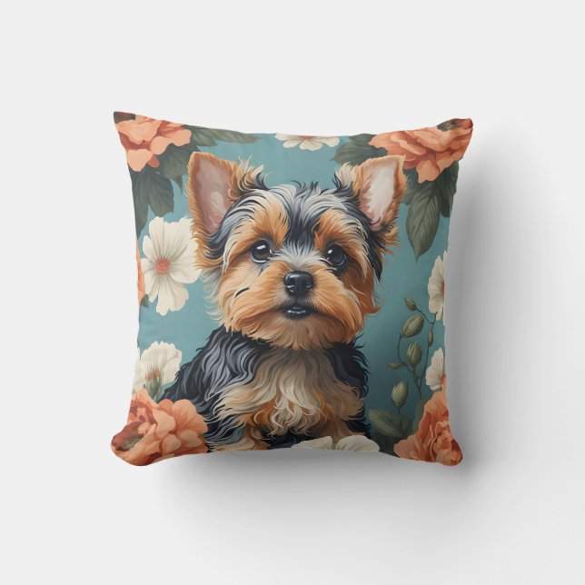 Cute Yorkshire Terrier Puppy Floral Cushion (Front)