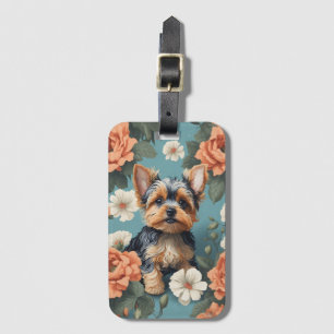 Cute Yorkshire Terrier Puppy Floral Luggage Tag