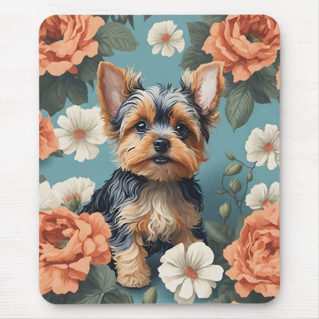 Cute Yorkshire Terrier Puppy Floral Mouse Pad (Front)