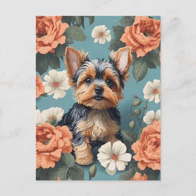 Cute Yorkshire Terrier Puppy Floral Postcard (Front)