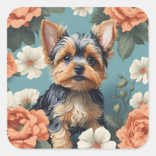 Cute Yorkshire Terrier Puppy Floral Square Sticker