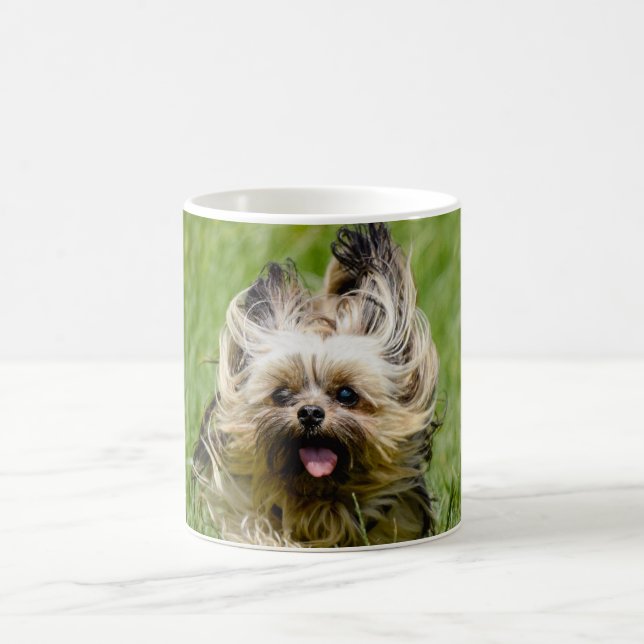 Cute Yorkshire Terrier Running Through Grass Coffee Mug (Center)