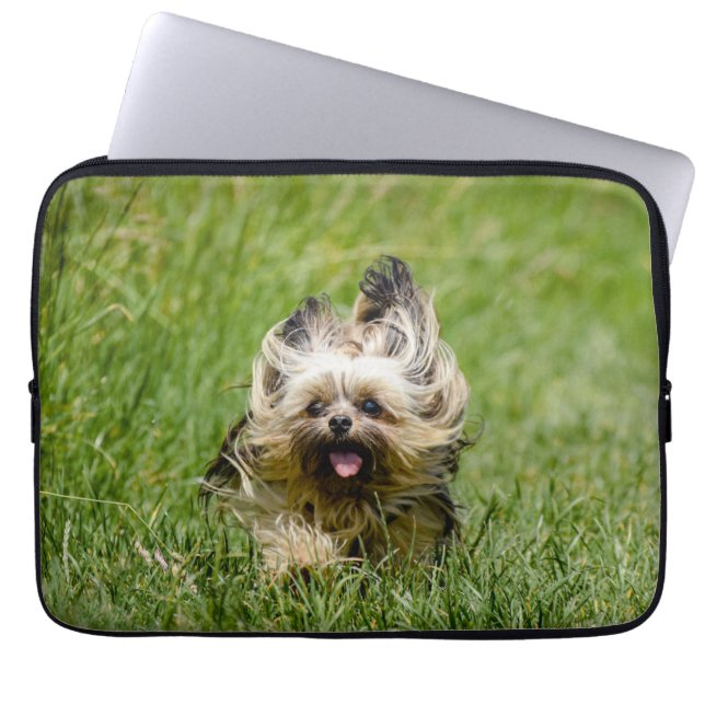 Cute Yorkshire Terrier Running Through Grass Laptop Sleeve (Front)