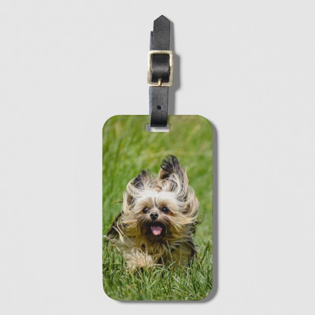 Cute Yorkshire Terrier Running Through Grass Luggage Tag (Front Vertical)