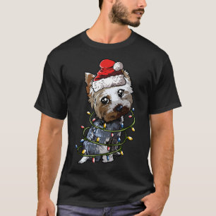 Cute Yorkshire Terrier Santa Christmas Tree Lights T-Shirt