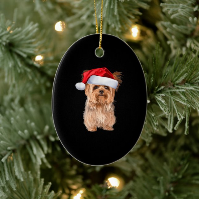 Cute Yorkshire Terrier Santa Puppy Christmas Ceramic Ornament (Tree)
