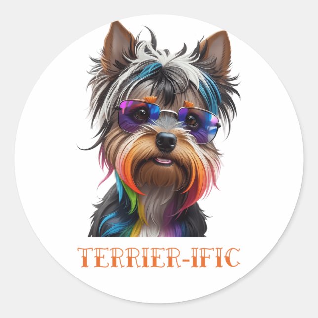 Cute Yorkshire Terrier Wearing Sunglasses Classic Round Sticker (Front)