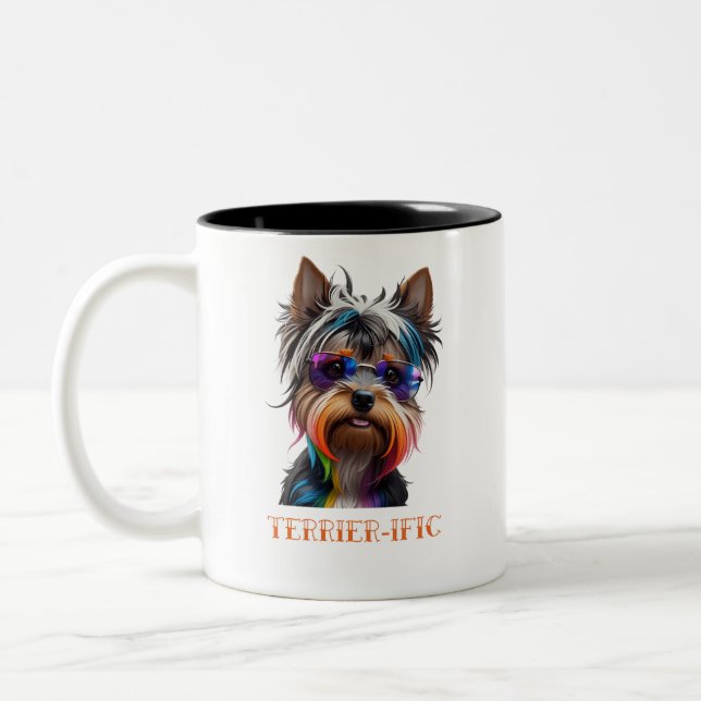 Cute Yorkshire Terrier Wearing Sunglasses Two-Tone Coffee Mug (Left)