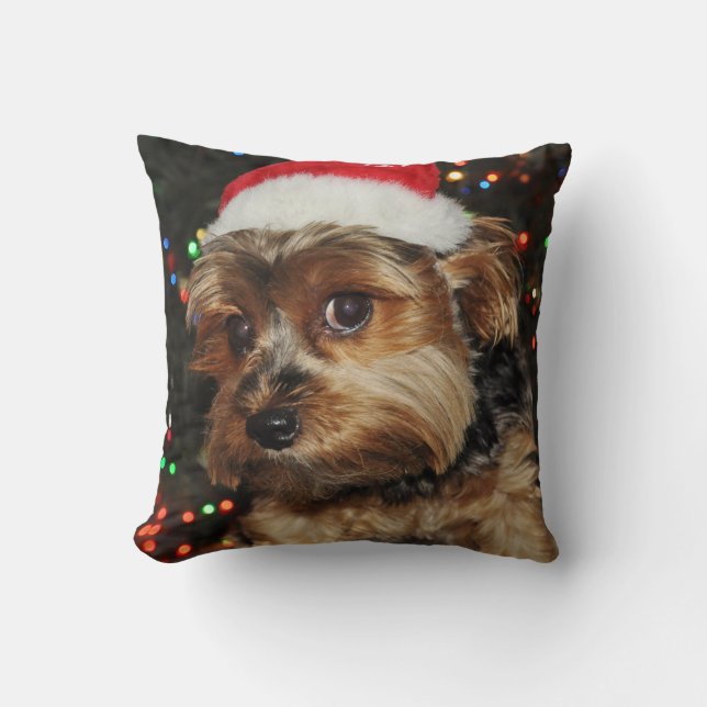 Cute Yorkshire terrier with Santa Hat Cushion (Front)