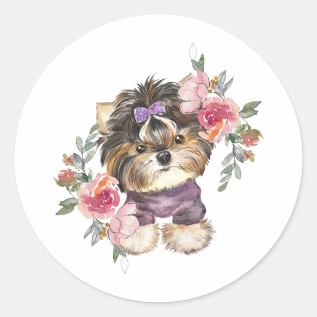 Cute Yorkshire Terrier Yorkie and Flowers Art Classic Round Sticker (Front)