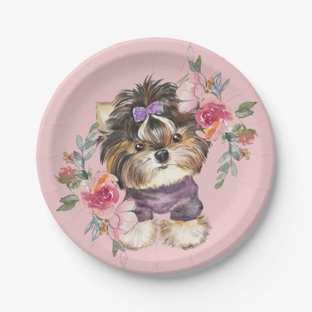 Cute Yorkshire Terrier Yorkie and Flowers Art  Paper Plate (Front)