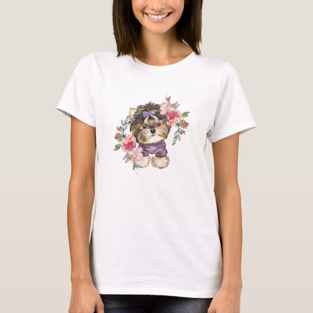 Cute Yorkshire Terrier Yorkie and Flowers Art  T-Shirt (Front)