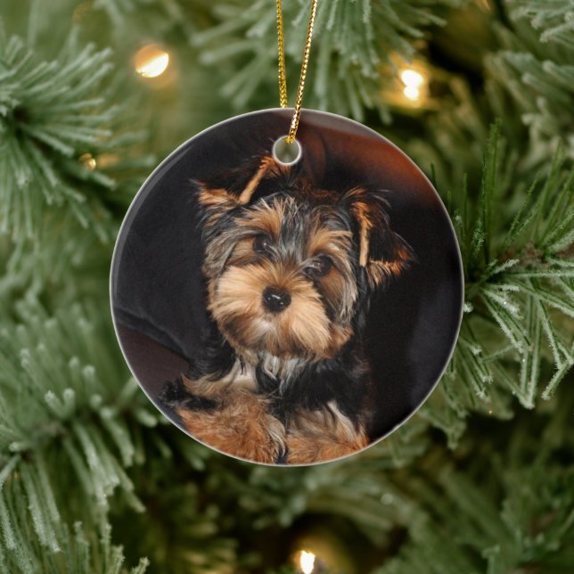 Cute Yorkshire Terrier Yorkie Puppy Dog Ceramic Ornament (Tree)