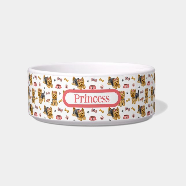Cute Yorkshire Terriers Personalise Bowl (Front)