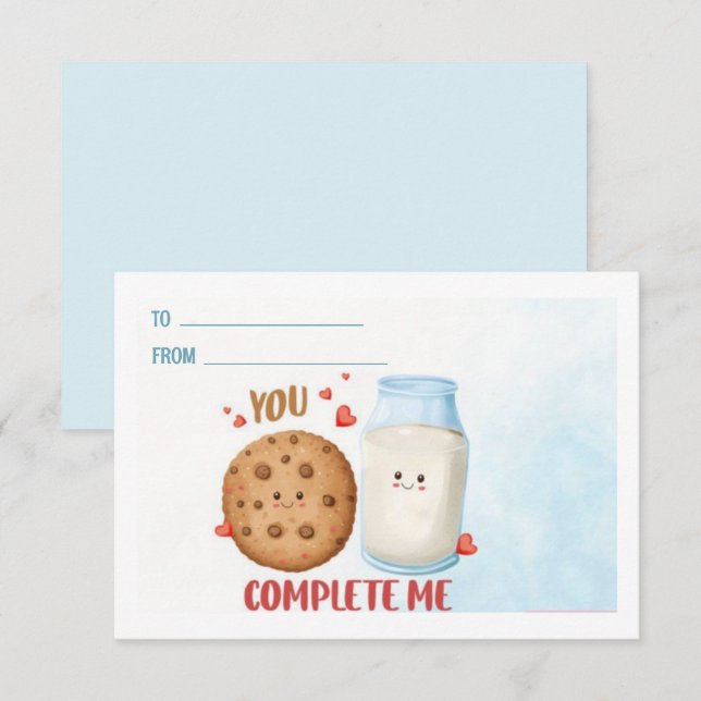 Cute You Complete Me Milk and Cookies Valentine's Card (Front/Back)