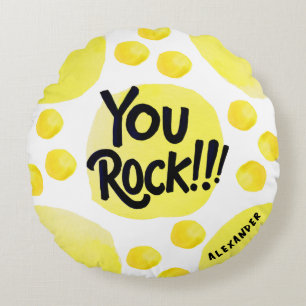 Cute You Rock Yellow And Black Modern Typography Round Cushion
