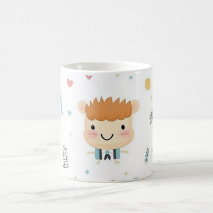 Cute young boy with orange hair in a cartoon style coffee mug
