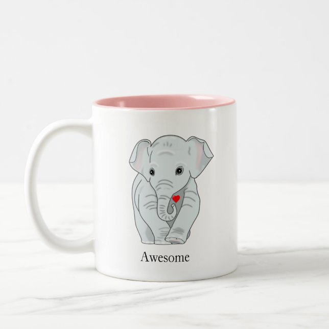 Cute Young Elephant Holding a Heart Two-Tone Coffee Mug (Left)