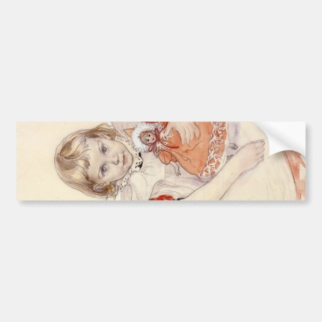 Cute Young Girl with a Doll (Childhood Art) Bumper Sticker (Front)