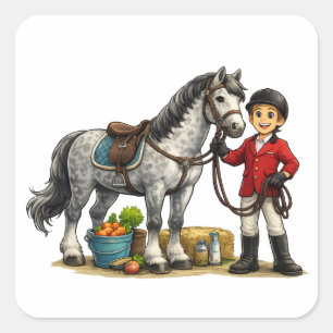 Cute Young Rider With Dapple Grey Horse Art Square Sticker