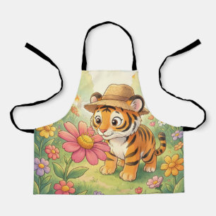 Cute young tiger with hat in garden apron