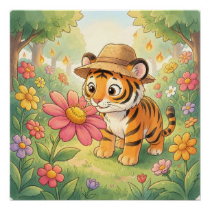 Cute young tiger with hat in garden poster