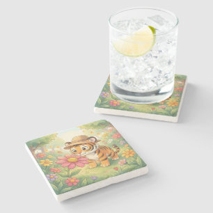 Cute young tiger with hat in garden stone coaster