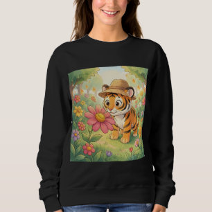 Cute young tiger with hat in garden sweatshirt