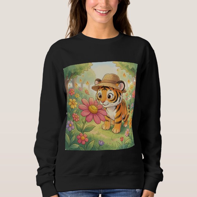 Cute young tiger with hat in garden sweatshirt (Front)