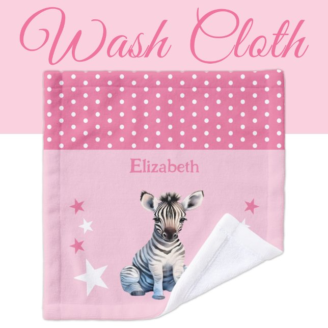 Cute zebra add name polka dots stars pink wash cloth (Creator Uploaded)